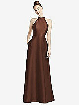 Rear View Thumbnail - Cognac High-Neck Cutout Satin Dress with Pockets