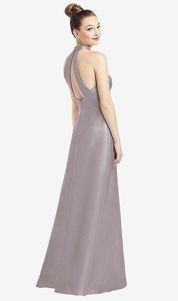 Front View - Cashmere Gray High-Neck Cutout Satin Dress with Pockets