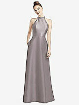 Rear View Thumbnail - Cashmere Gray High-Neck Cutout Satin Dress with Pockets