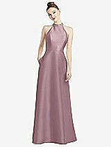 Rear View Thumbnail - Dusty Rose High-Neck Cutout Satin Dress with Pockets