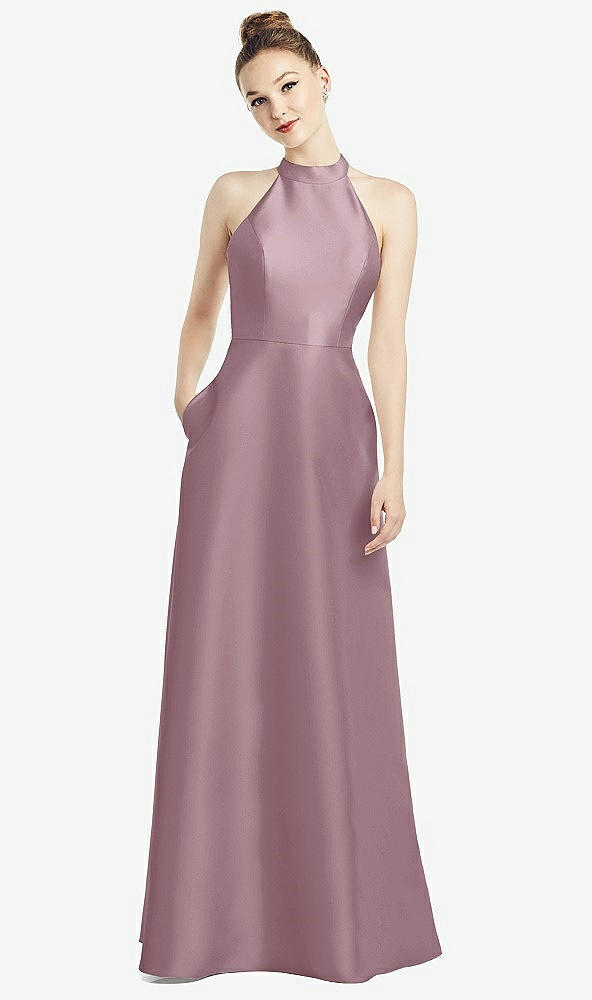 Back View - Dusty Rose High-Neck Cutout Satin Dress with Pockets