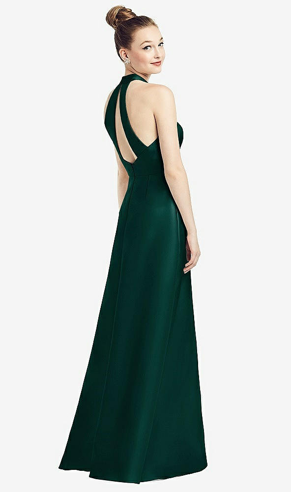 Front View - Evergreen High-Neck Cutout Satin Dress with Pockets