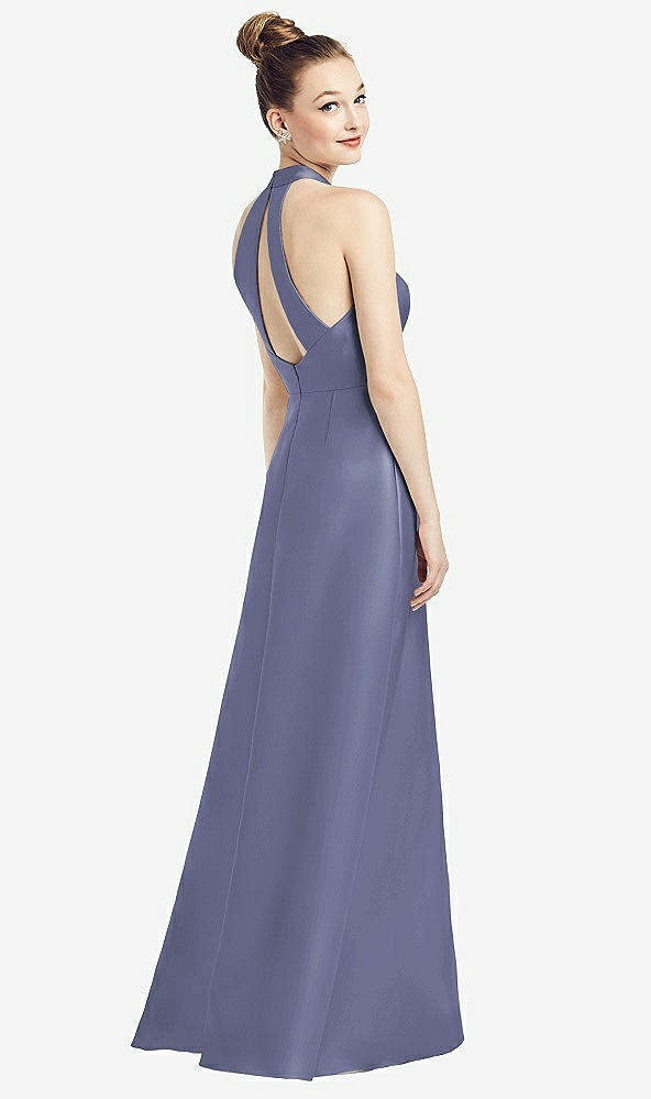 Front View - French Blue High-Neck Cutout Satin Dress with Pockets