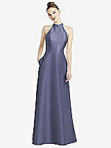 Rear View Thumbnail - French Blue High-Neck Cutout Satin Dress with Pockets