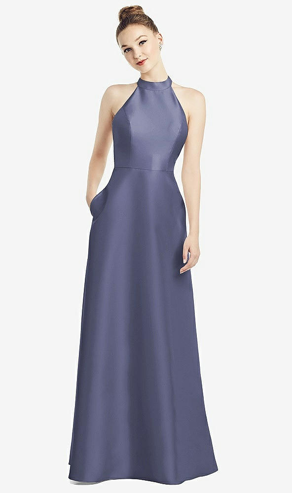 Back View - French Blue High-Neck Cutout Satin Dress with Pockets