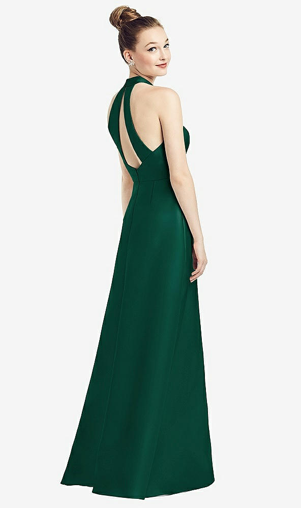 Front View - Hunter Green High-Neck Cutout Satin Dress with Pockets