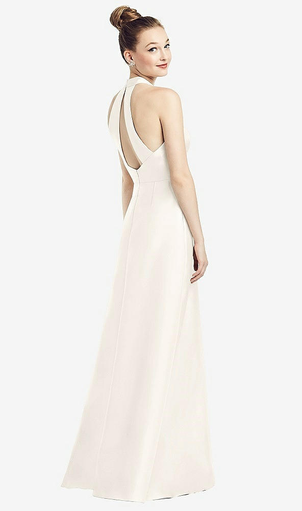 Front View - Ivory High-Neck Cutout Satin Dress with Pockets
