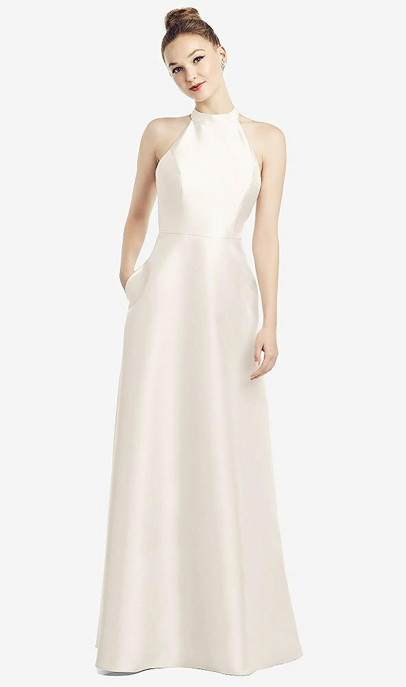 Back View - Ivory High-Neck Cutout Satin Dress with Pockets