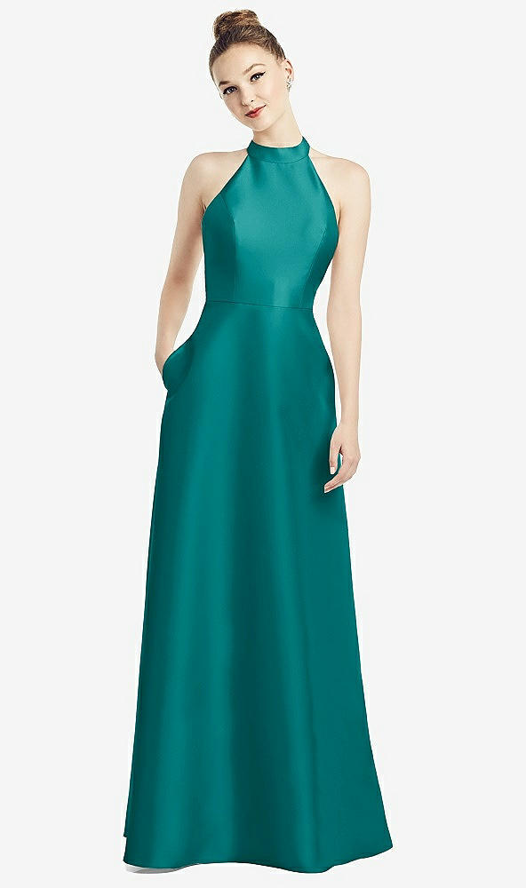 Back View - Jade High-Neck Cutout Satin Dress with Pockets
