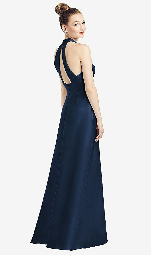 Front View - Midnight Navy High-Neck Cutout Satin Dress with Pockets