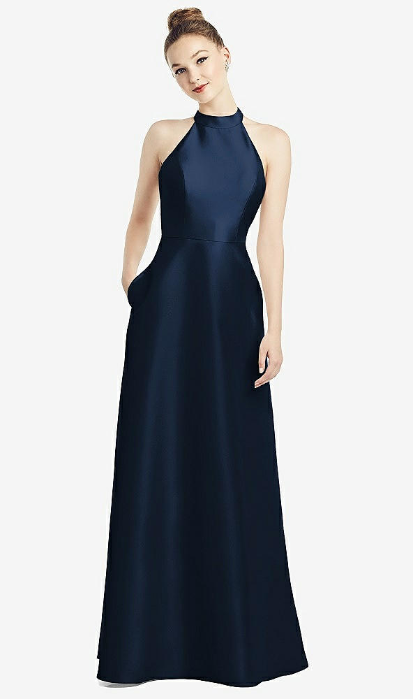 Back View - Midnight Navy High-Neck Cutout Satin Dress with Pockets