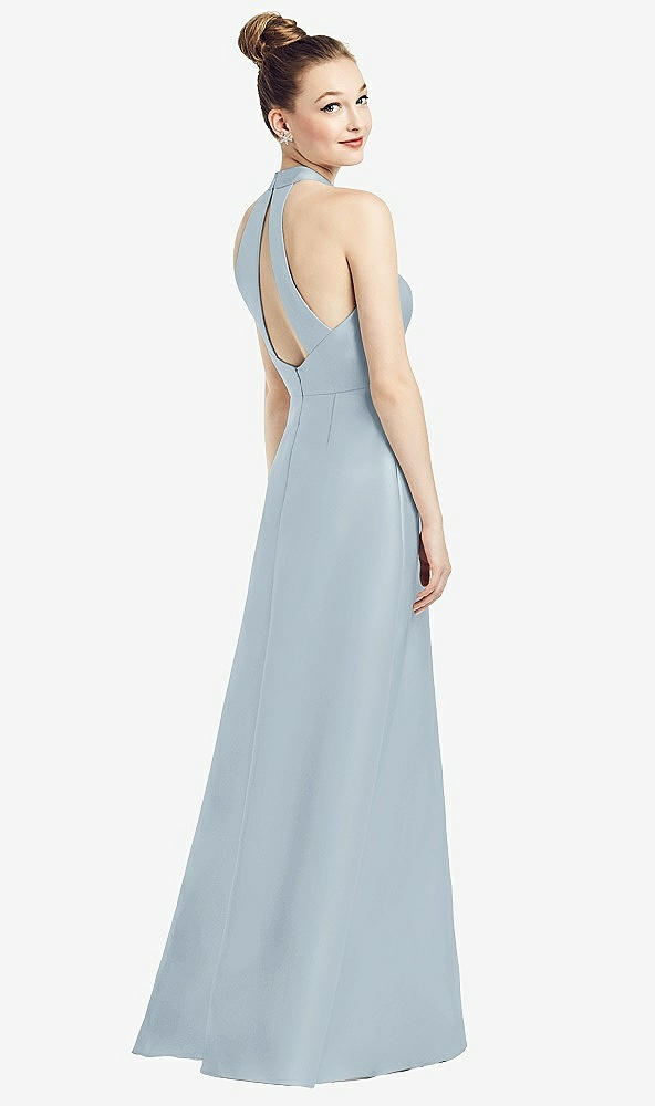 Front View - Mist High-Neck Cutout Satin Dress with Pockets