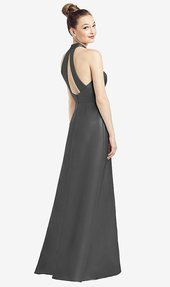 Front View - Pewter High-Neck Cutout Satin Dress with Pockets