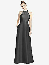 Rear View Thumbnail - Pewter High-Neck Cutout Satin Dress with Pockets