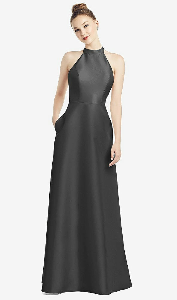 Back View - Pewter High-Neck Cutout Satin Dress with Pockets