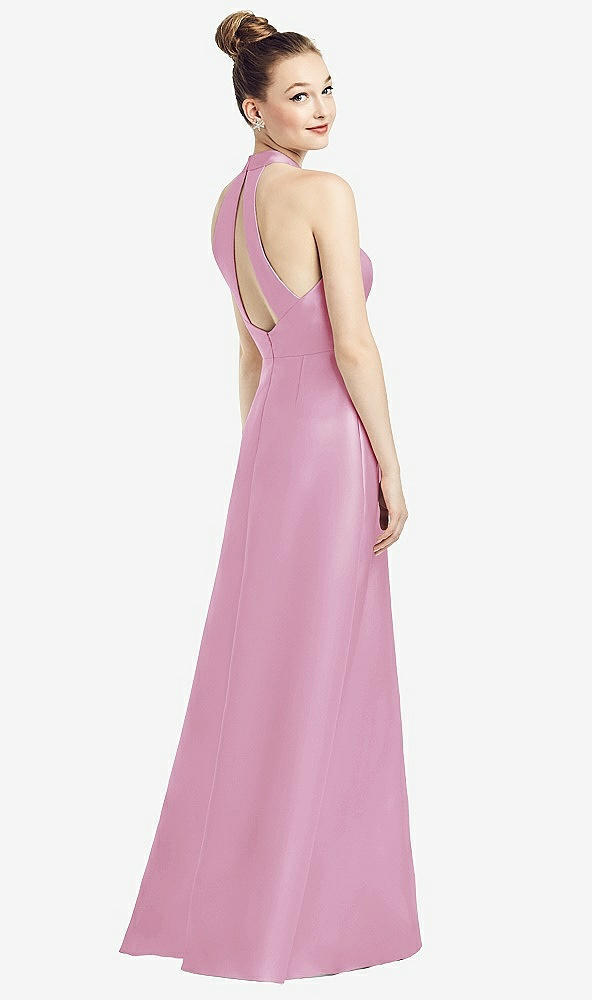 Front View - Powder Pink High-Neck Cutout Satin Dress with Pockets