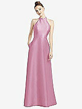 Rear View Thumbnail - Powder Pink High-Neck Cutout Satin Dress with Pockets