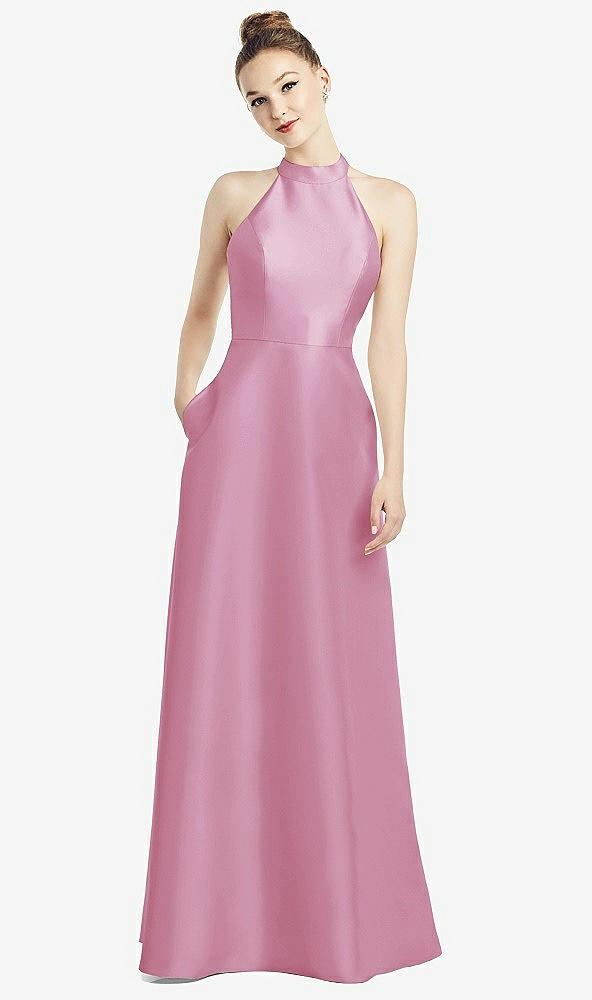 Back View - Powder Pink High-Neck Cutout Satin Dress with Pockets