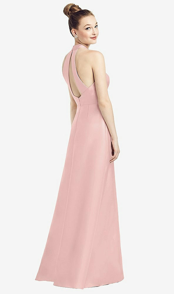 Front View - Rose - PANTONE Rose Quartz High-Neck Cutout Satin Dress with Pockets