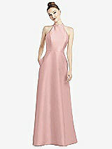 Rear View Thumbnail - Rose - PANTONE Rose Quartz High-Neck Cutout Satin Dress with Pockets