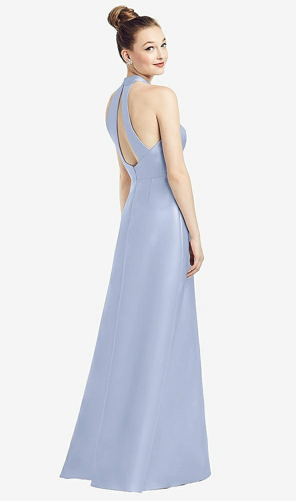 Front View - Sky Blue High-Neck Cutout Satin Dress with Pockets