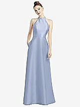 Rear View Thumbnail - Sky Blue High-Neck Cutout Satin Dress with Pockets