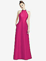 Rear View Thumbnail - Think Pink High-Neck Cutout Satin Dress with Pockets