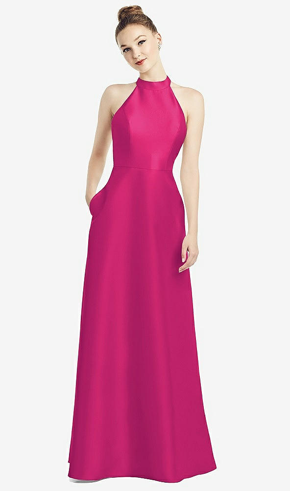 Back View - Think Pink High-Neck Cutout Satin Dress with Pockets