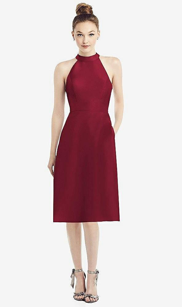 Front View - Burgundy High-Neck Open-Back Satin Cocktail Dress