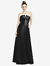 Front View Thumbnail - Black Strapless Notch Satin Gown with Pockets