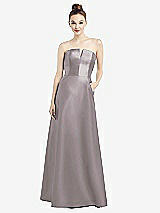Front View Thumbnail - Cashmere Gray Strapless Notch Satin Gown with Pockets