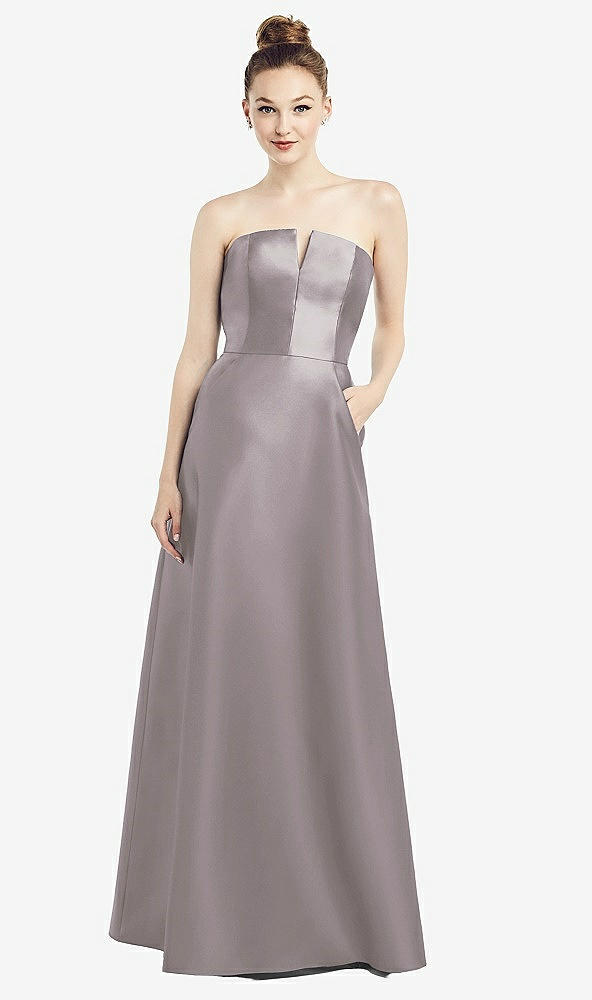 Front View - Cashmere Gray Strapless Notch Satin Gown with Pockets