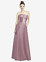 Front View Thumbnail - Dusty Rose Strapless Notch Satin Gown with Pockets