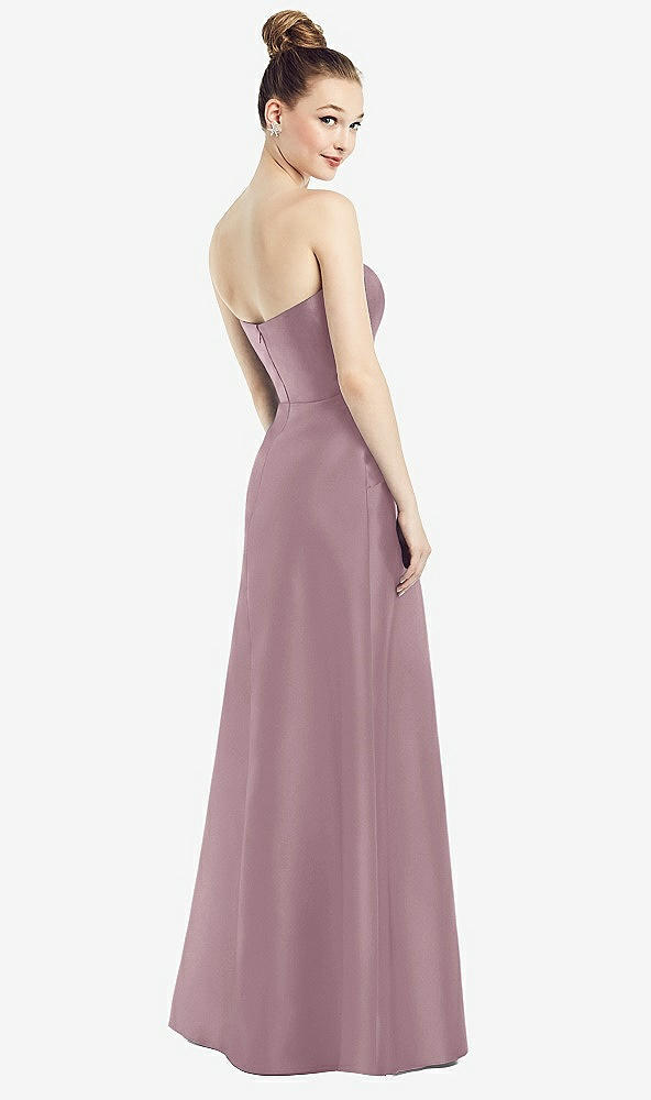 Back View - Dusty Rose Strapless Notch Satin Gown with Pockets
