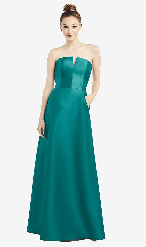 Front View - Jade Strapless Notch Satin Gown with Pockets