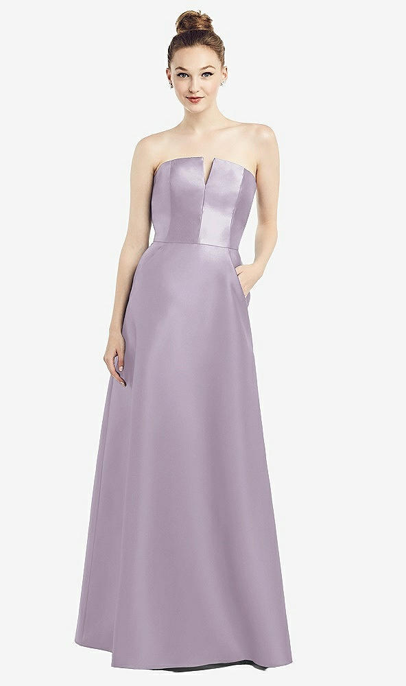 Front View - Lilac Haze Strapless Notch Satin Gown with Pockets