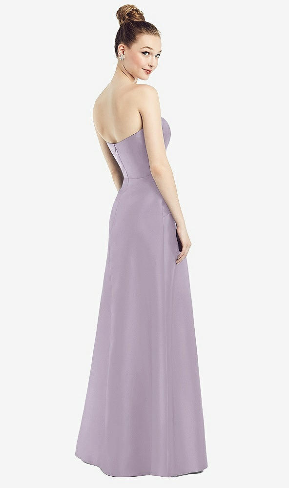 Back View - Lilac Haze Strapless Notch Satin Gown with Pockets