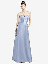 Front View Thumbnail - Sky Blue Strapless Notch Satin Gown with Pockets