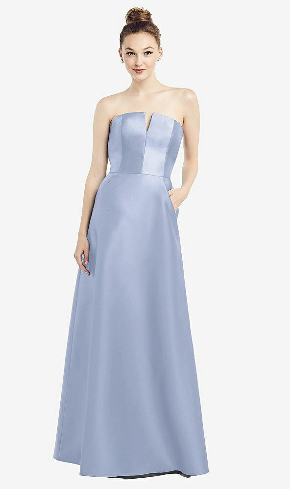 Front View - Sky Blue Strapless Notch Satin Gown with Pockets