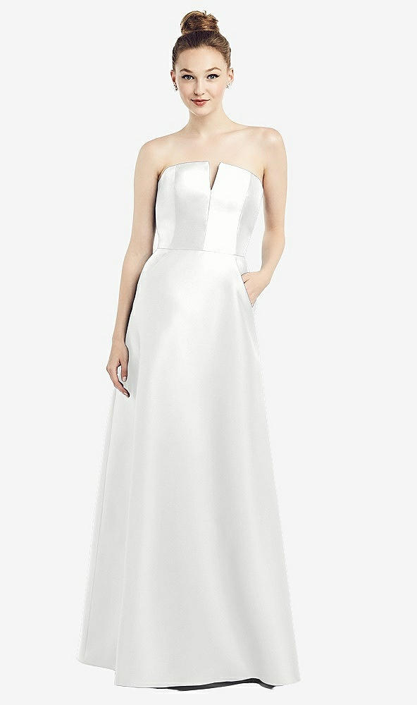 Front View - White Strapless Notch Satin Gown with Pockets
