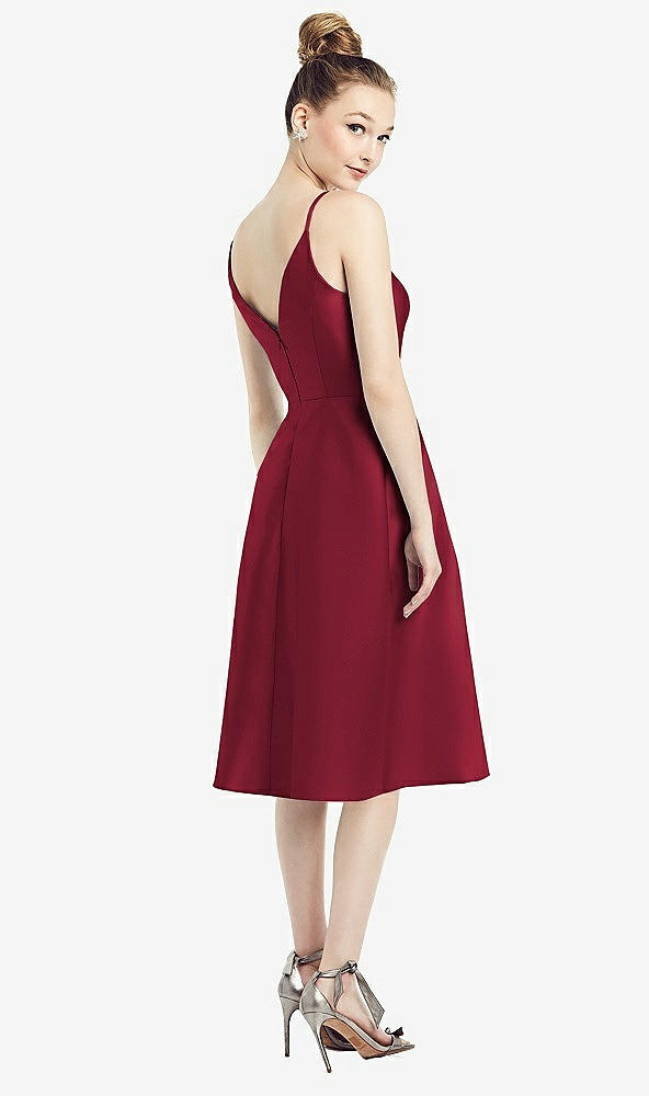 Back View - Burgundy Draped Faux Wrap Cocktail Dress with Pockets