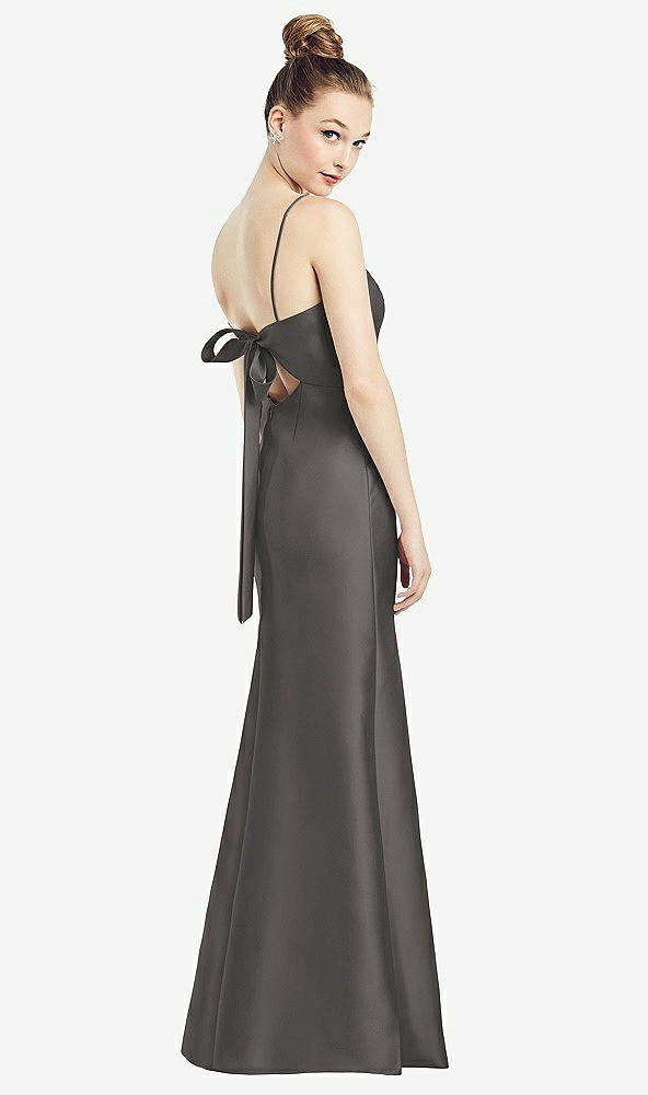 Front View - Caviar Gray Open-Back Bow Tie Satin Trumpet Gown
