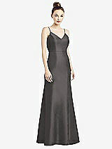 Rear View Thumbnail - Caviar Gray Open-Back Bow Tie Satin Trumpet Gown