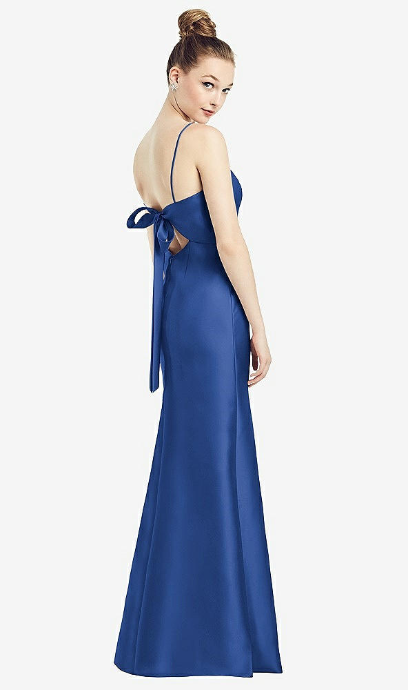 Front View - Classic Blue Open-Back Bow Tie Satin Trumpet Gown