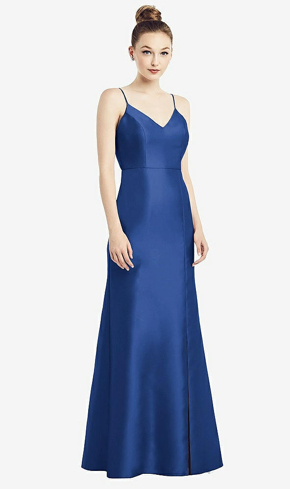 Back View - Classic Blue Open-Back Bow Tie Satin Trumpet Gown
