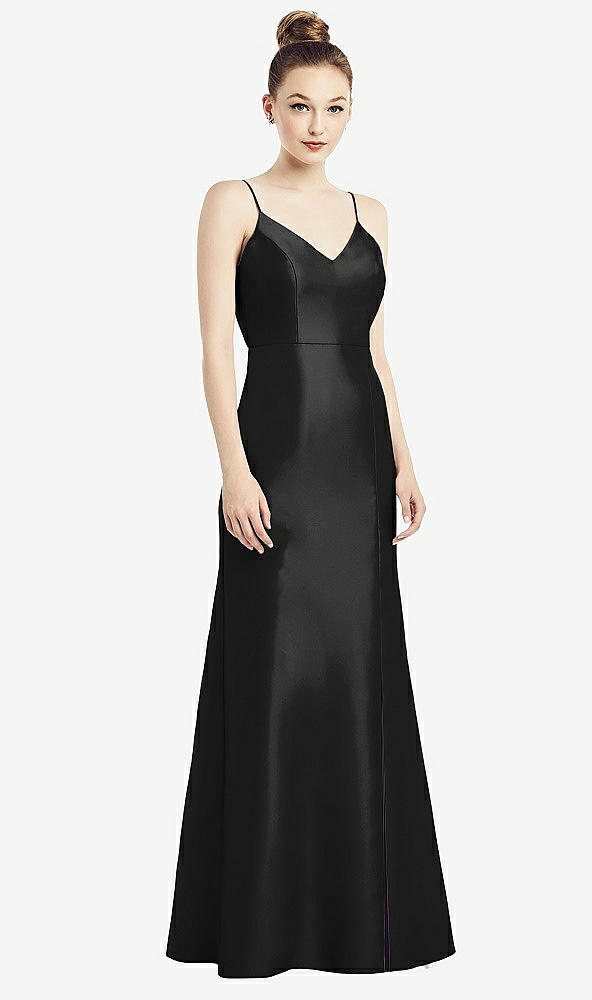 Back View - Black Open-Back Bow Tie Satin Trumpet Gown