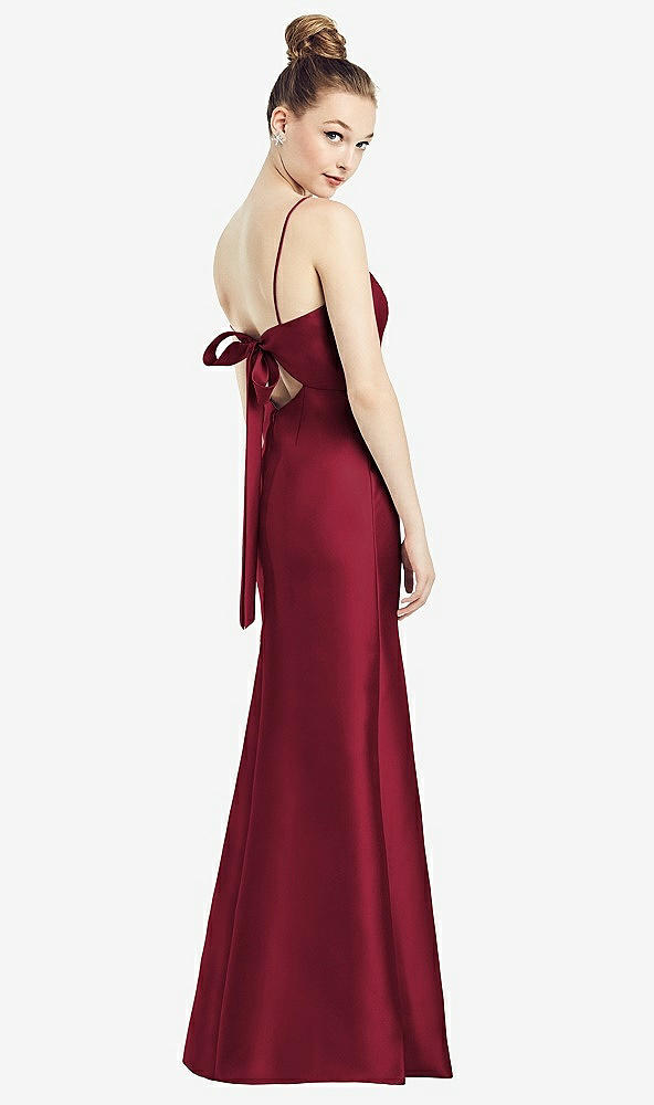 Front View - Burgundy Open-Back Bow Tie Satin Trumpet Gown