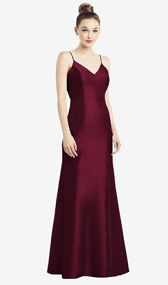 Back View - Cabernet Open-Back Bow Tie Satin Trumpet Gown