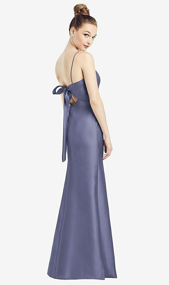 Front View - French Blue Open-Back Bow Tie Satin Trumpet Gown