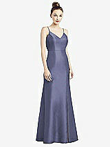 Rear View Thumbnail - French Blue Open-Back Bow Tie Satin Trumpet Gown